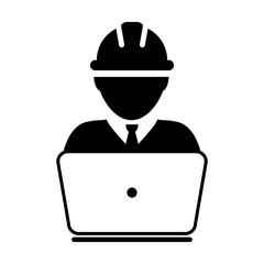 Support icon vector male construction service worker person profile avatar with laptop and hardhat helmet in glyph pictogram illustration