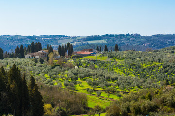 Fototapeta na wymiar View from San Casciano. Italian region Tuscany, southwest of Florence. Val di Pesa, highly renowned for the production of wine and olive oil.