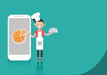 Young character chef standing near smartphone.Food app.Space for your text.Flat cartoon design