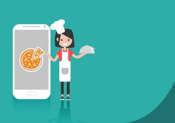 Young character chef standing near smartphone.Food app.Space for your text.Flat cartoon design