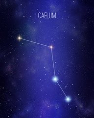 Caelum the chisel constellation on a starry space background. Relative sizes and different color shades based on the spectral star type. Illustration. © Matthieu