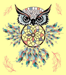 hand drawn Detailed ornate Owl with dream catcher in zentangle style. banner, invitation, card, t-shirt, bag, postcard, poster.