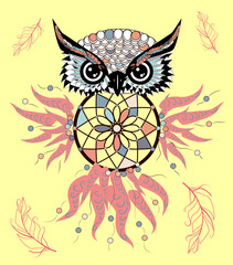 hand drawn Detailed ornate Owl with dream catcher in zentangle style. banner, invitation, card, t-shirt, bag, postcard, poster.