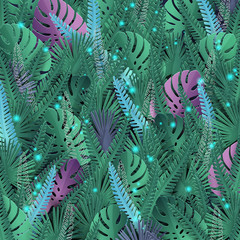 Vector background with tropical leaves in magic colors with light flashes