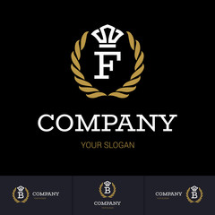 Illustration of Luxury Vintage Crest Logo with letter F in the Middle and Luxury Crown. Calligraphic Royal Emblems and Elements Logo Icon Template on Black Background