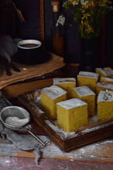 Homemade corn cake with tangerines on dark background. Traditional Brazilian sweet pie. Cornbread. Style Dark Moody.