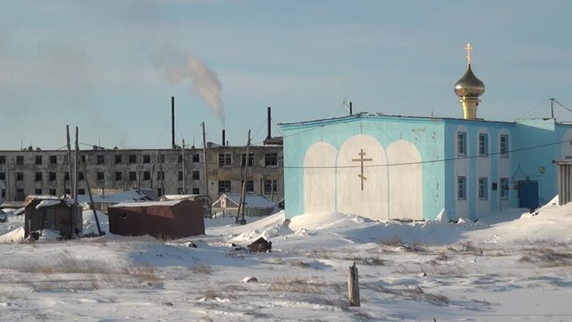 Anadyr city on far north Chukotka Russia. Cold snow town on edge of earth.