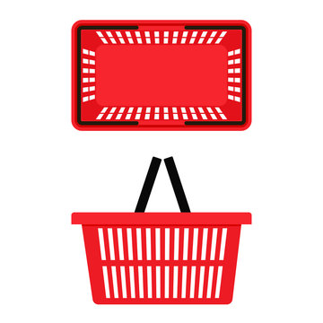 Red shopping basket top and side view icon. Clipart image isolated on white background