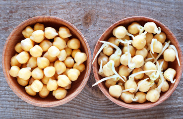 Whole and sprouted chickpea grains lie in plates. For a healthy lifestyle grains are germinated. Selective focus 