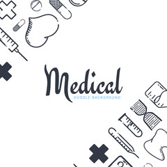 Pharmacy and Medical banner with doodle background. Pills, Vitamin tablets, medical drug. Vector Illustration.