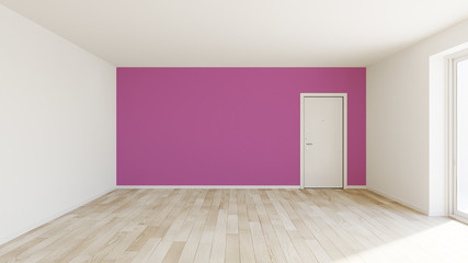 Rendering interno parete fucsia parquet rovere porta ingresso