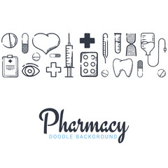 Pharmacy and Medical banner with doodle background. Pills, Vitamin tablets, medical drug. Vector Illustration.