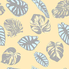 Seamless Vector Tropical Pattern in Pastel Color Design. Monstera Palm Leaves and Alocasia. Jungle Foliage with Watercolor Effect. Exotic Hawaiian Fabric Design. Seamless Tropical Background for Print © ingara