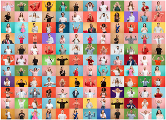 The collage of faces of surprised people on colored backgrounds. Happy men and women smiling. Human...
