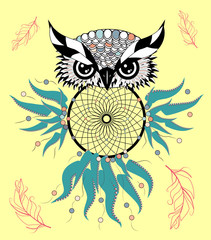 Color cute decorative ornamental Owl fall in love, doodle.