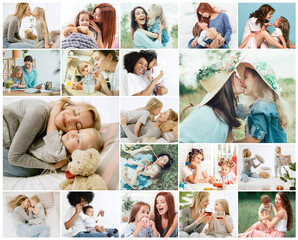 Collage about young mother and her little daughter. Happy family time on weekend. Mother's Day...