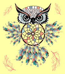 Boho style colored owl with tribal arrows. Bohemian tribal owl with a dream catcher. Totem owl.