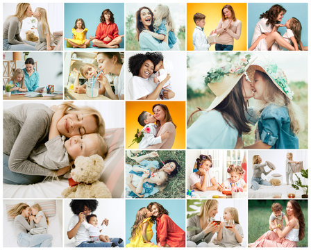 Collage about young mother and her little daughter. Happy family time on weekend. Mother's Day concept. Love, lifestyle, motherhood and tender moments concepts.