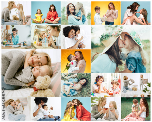 Collage about young mother and her little daughter. Happy family time on weekend. Mother's Day concept. Love, lifestyle, motherhood and tender moments concepts.