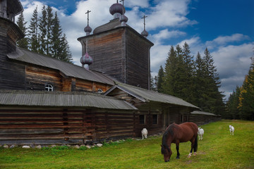 Russia. Karelia. Ancient Orthodox Church on the shore of lake Ladoga, built of wood without a...