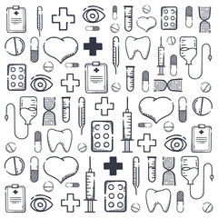 Medical hand-draw doodle background. Pills, Vitamin tablets, medical drug. Vector Illustration.