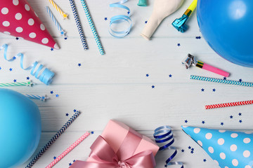  Accessories for a party or birthday on a colored background top view.