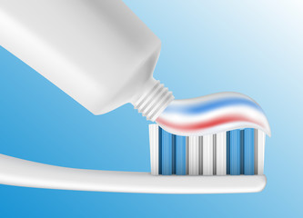 Vector close-up of putting tooth paste on a brush from white blank container on blue background