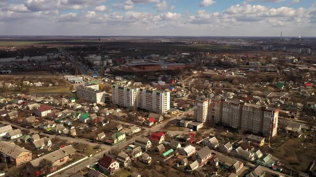 Aerial of a Ukrainian city after the annexation of Crimea. 4k drone