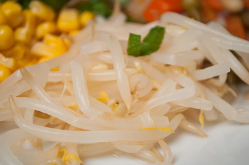 closeup of beans soy with vegetables in a plate