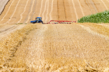 Tracteur dans un champ de blé après la moisson