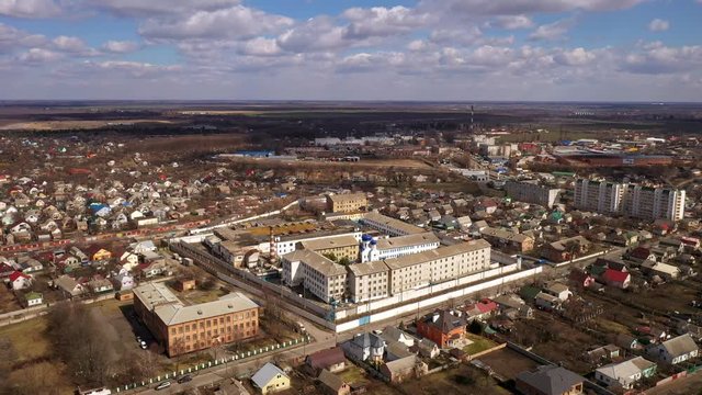 Aerial of the large municipal buildings in Uman, Ukraine. 4k drone shots from above