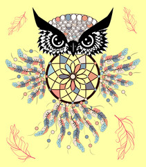 Patterned owl on the grunge background. African indian totem tattoo design.