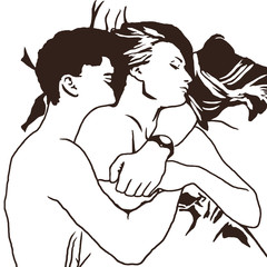 Decorative portrait of love couple. Illustration in brown color on white background can be used like tattoo design or T-shirt print.