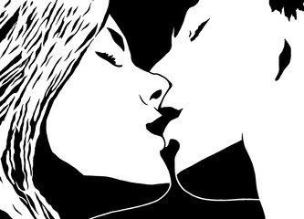 Decorative portrait of love couple. Illustration in black color on white background can be used like tattoo design or T-shirt print.