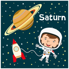 Funny astronaut in cartoon style in the open space next to a spaceship on the background of Saturn