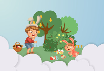 Obraz na płótnie Canvas Little boy smile hunting decorative chocolate egg under brush in easter bunny costume with ears and tail, vector illustration, spring holiday fun, isolated on white, paschal basket for eggs hunter