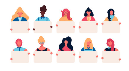 Collection of young women holding empty clean banners placards in hands