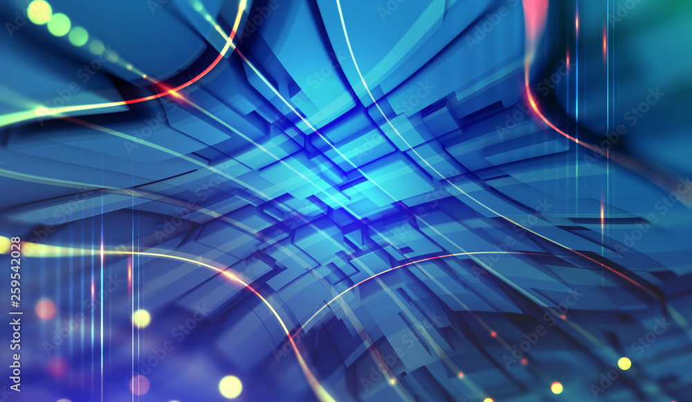 Poster Blockchain technology. Quantum processor in global digital world. Abstract concept of architecture of future. Fantastic night city. 3D illustration of information blocks in a digital stream