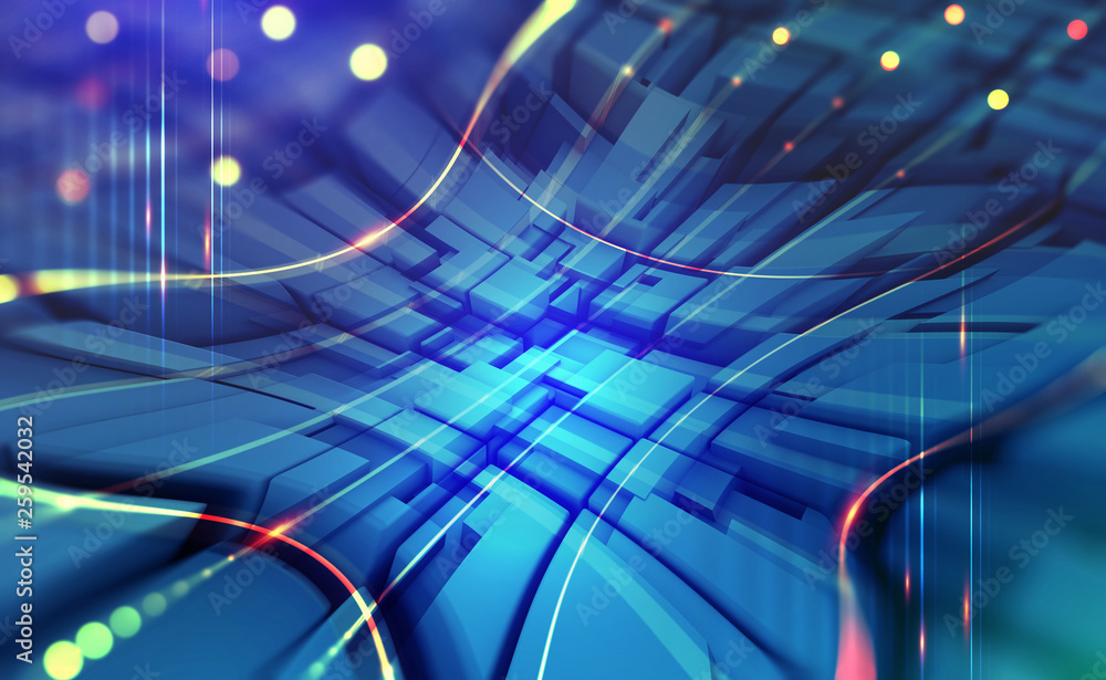 Poster Blockchain technology. Quantum processor in global digital world. Abstract concept of architecture of future. Fantastic night city. 3D illustration of information blocks in a digital stream