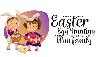 little girl smile holding in her dress chickens, baby in apron with rabbit ears headband, happy boy easter bunny mask for costume holding basket for hunting eggs vector illustration isolated on white