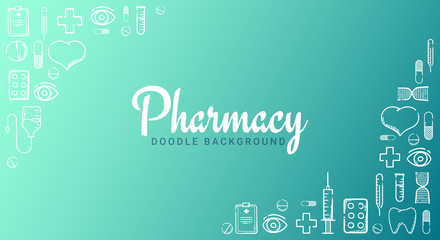 Pharmacy and Medical banner with doodle background. Pills, Vitamin tablets, medical drug. Vector Illustration.