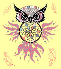 Dreamcatcher. Owl. Tattoo art, mystic symbol. Abstract feathers.