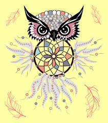 Dreamcatcher. Owl. Tattoo art, mystic symbol. Abstract feathers.