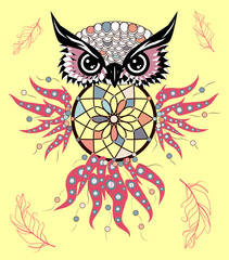 Dreamcatcher. Owl. Tattoo art, mystic symbol. Abstract feathers.