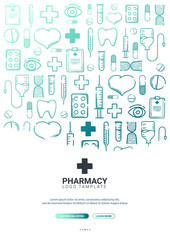 Fototapeta premium Pharmacy and Medical banner with doodle background. Pills, Vitamin tablets, medical drug. Vector Illustration.