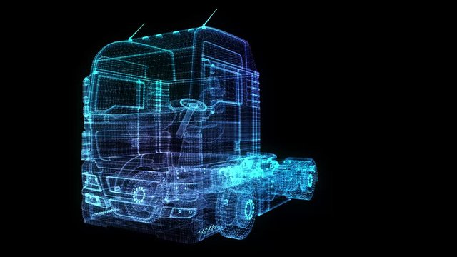 Euro Truck. Glow points, line and mesh formation of 3d Model Truck. 4k animation. Loop seamless.