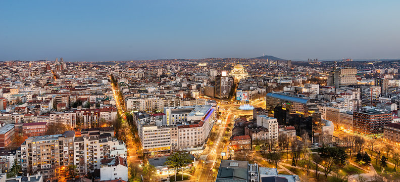 Belgrade, Serbia March 31, 2019: Panorama of Belgrade at night. The photo shows the Slavija Square, the Belgrade municipality of Vracar, the temple of St. Sava and the narrow center of the city.