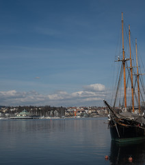 Fototapeta na wymiar Widok z Bygdøy statek ship boat Oslo Landscape from Bygdoy Krajobraz Oslo Norwegia Norway Norge Skandynavia Scandinavia