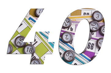 Number 40 with Lotto cards and game chips on white background