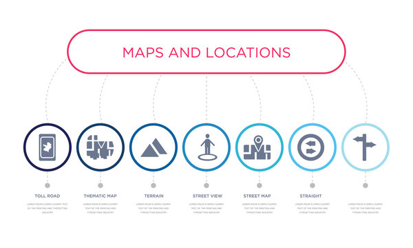 Simple Illustration Set Of 7 Vector Blue Icons Such As  , Straight, Street Map, _icon4, Terrain, Thematic Map, Toll Road. Infographic Design With 7 Icons Pack